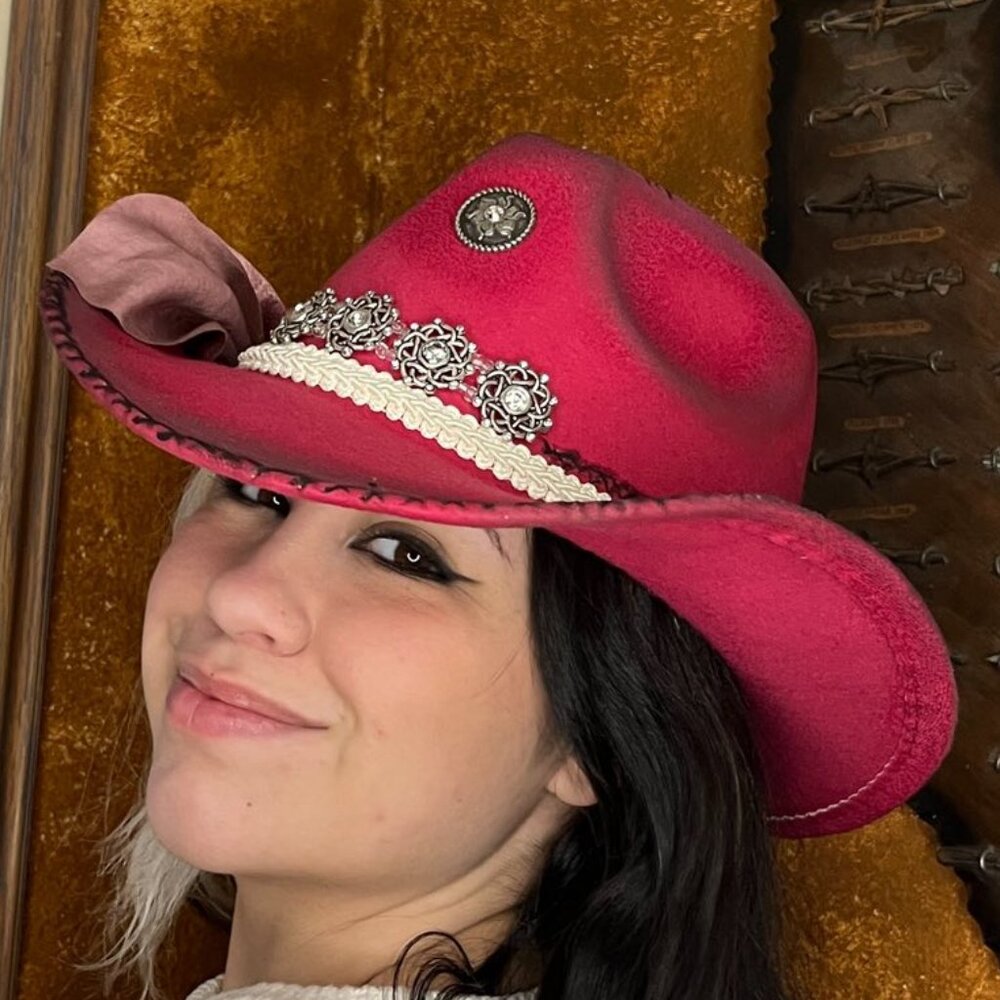 Hot Pink Fedora Cowboy styled hat Burned slogan New Adjustable Custom Made - Picture 3 of 5